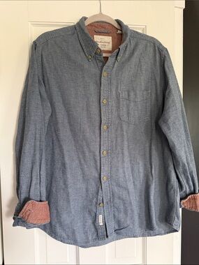 Weatherproof Blue Heathered Button-Down Shirt with Coral Inner Cuffs